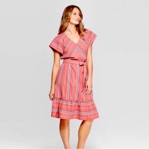 Universal Thread Pink Stripe Boho Midi Dress Tie Waist V-Neck Size Medium